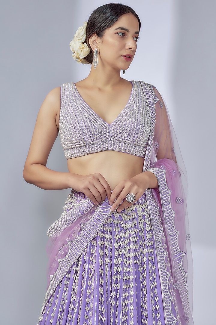 Lilac Georgette & Net Pearl Embellished Bridal Lehenga Set by Vvani By Vani Vats at Pernia's Pop Up Shop