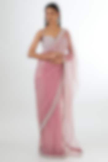 Onion Pink Net Sequins Embroidered Saree Set by Vvani By Vani Vats at Pernia's Pop Up Shop