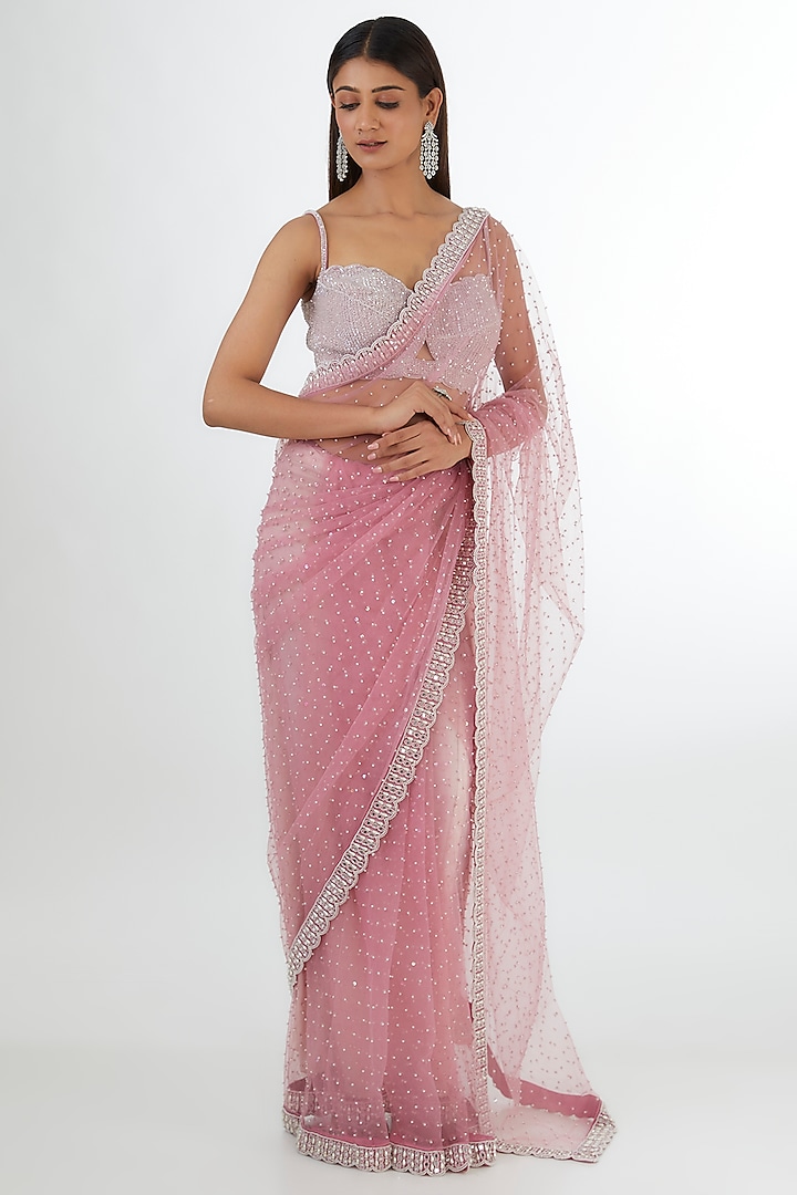 Onion Pink Net Sequins Embroidered Saree Set by Vvani By Vani Vats at Pernia's Pop Up Shop