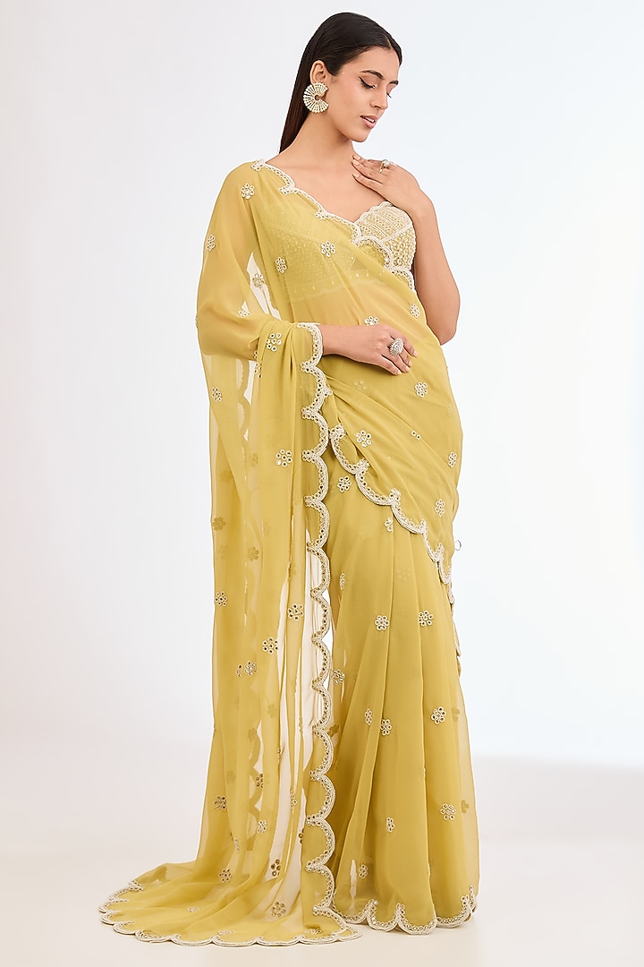 Fern Green Georgette Floral Wedding Saree Set by Vvani By Vani Vats at Pernia's Pop Up Shop