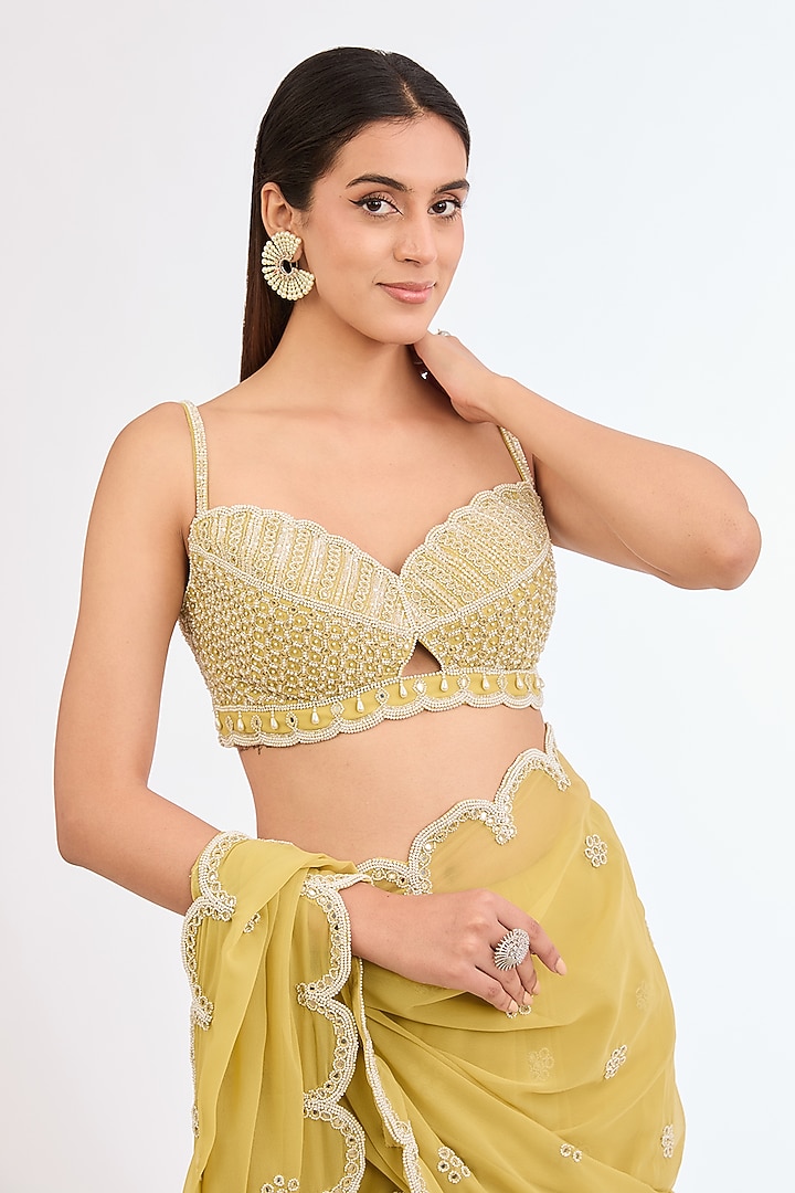 Fern Green Georgette Floral Wedding Saree Set by Vvani By Vani Vats at Pernia's Pop Up Shop