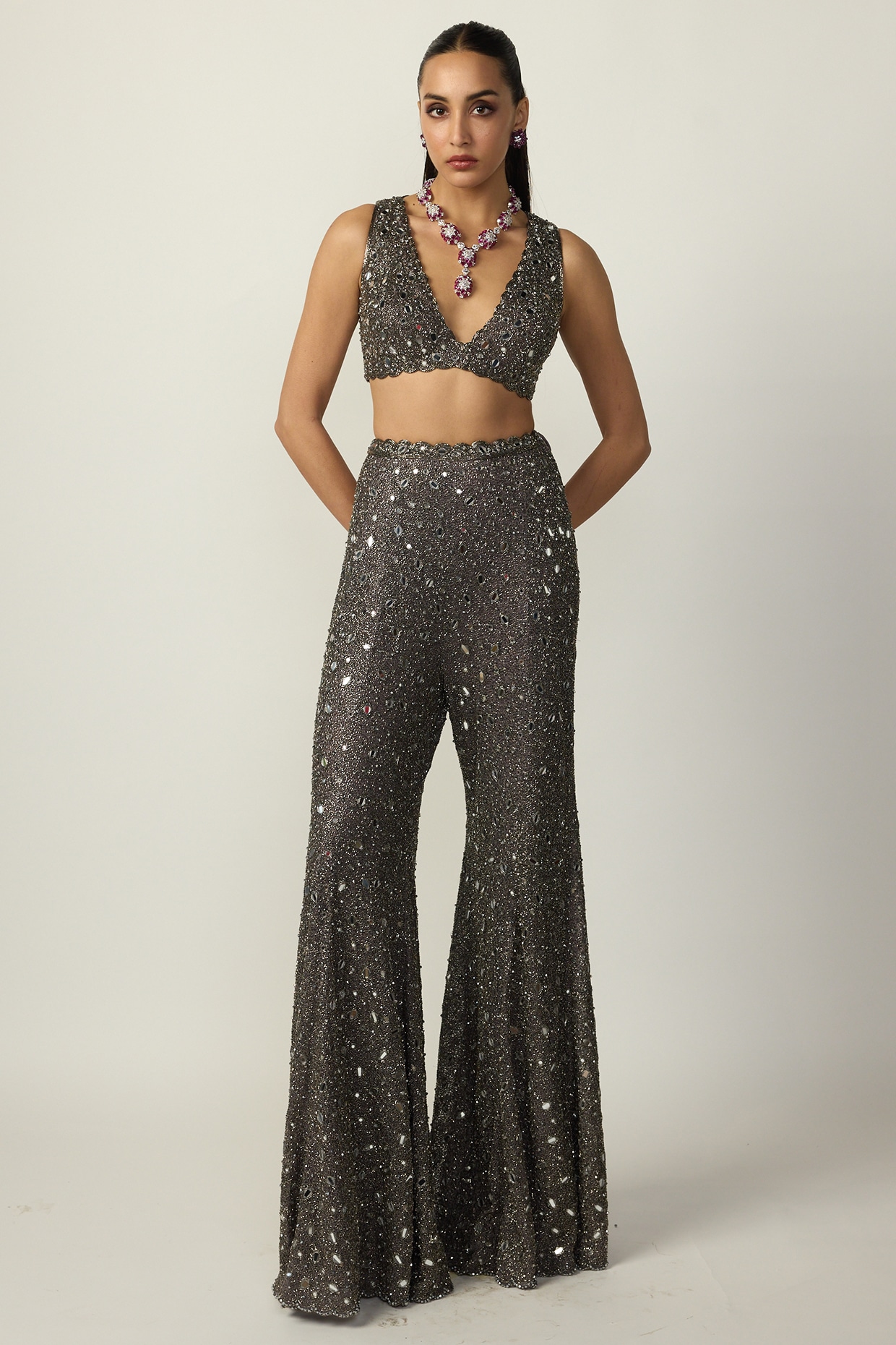 Vvani by Vani Vats Metallic Grey Net Mirror Embroidered Sharara Set