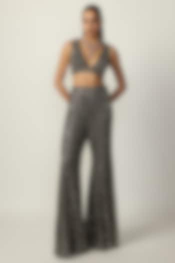 Metallic Grey Net Mirror Embroidered Bridal Sharara Set by Vvani by Vani Vats at Pernia's Pop Up Shop