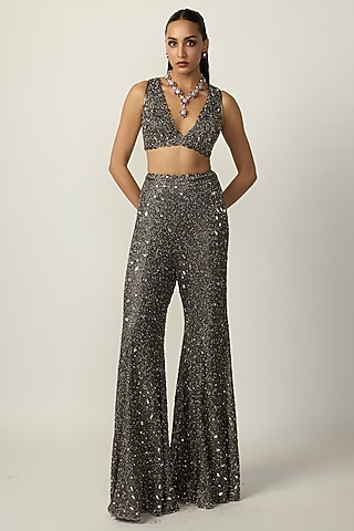 Metallic Grey Net Mirror Embroidered Sharara Set by Vvani by Vani Vats