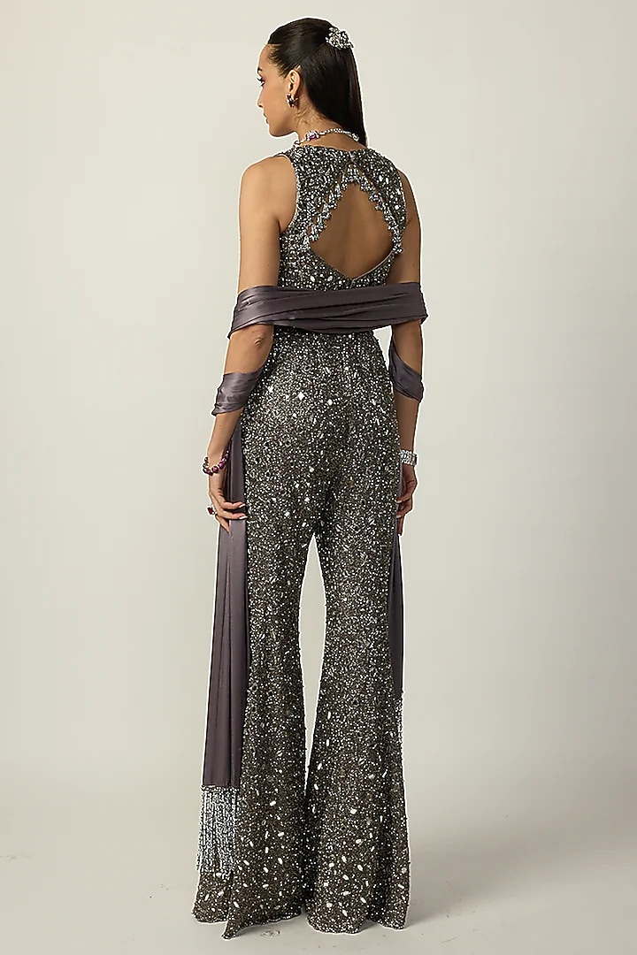 Metallic Grey Net Mirror Embroidered Bridal Sharara Set by Vvani by Vani Vats at Pernia's Pop Up Shop