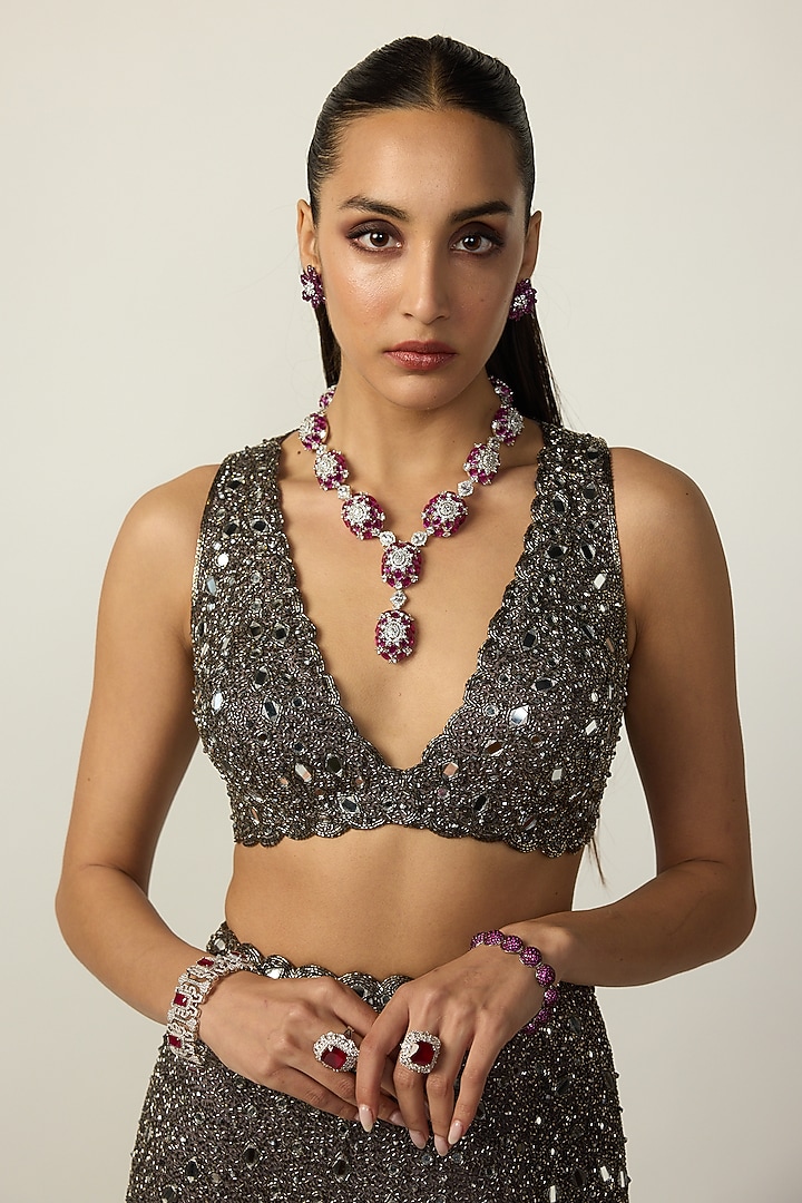 Metallic Grey Net Mirror Embroidered Bridal Sharara Set by Vvani by Vani Vats at Pernia's Pop Up Shop
