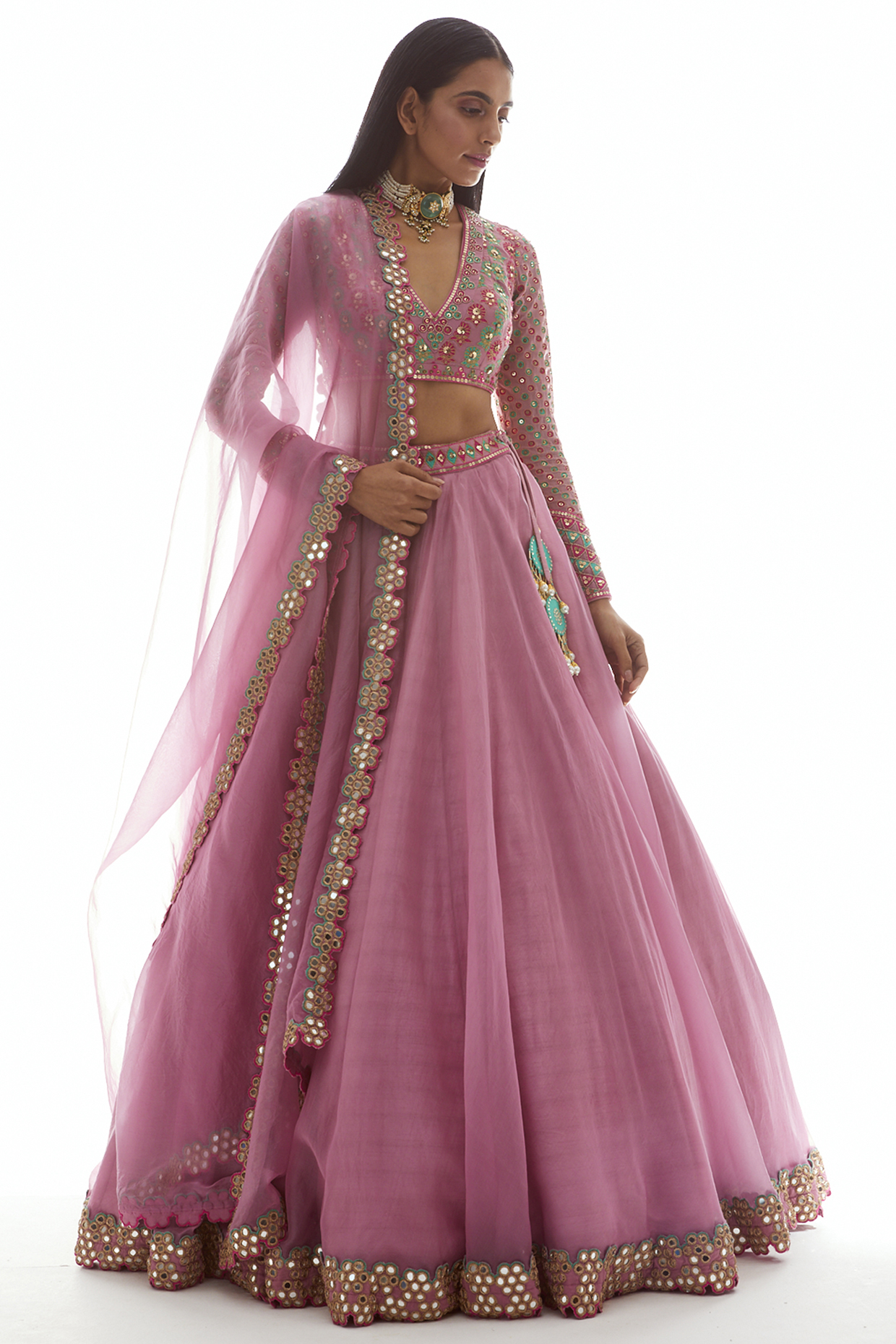 Pink Organza Mirror Embroidered Lehenga Set by Vvani by Vani Vats