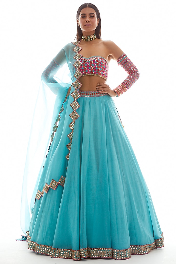Sky Blue Organza Mirror Embroidered Wedding Lehenga Set by Vvani by Vani Vats at Pernia's Pop Up Shop