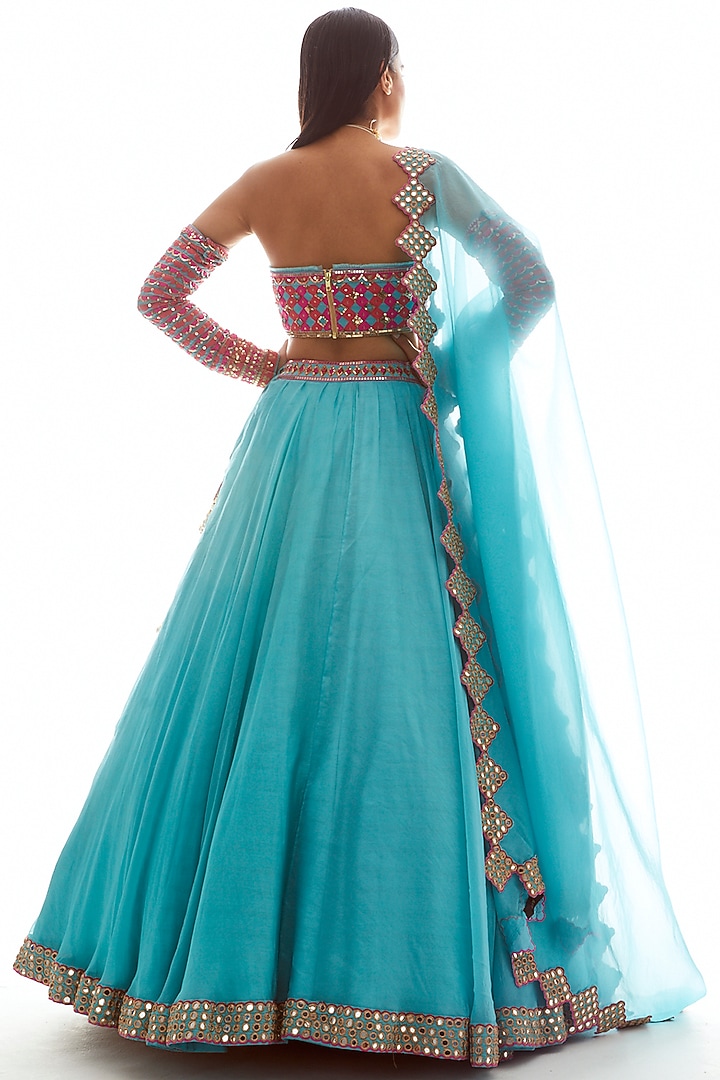 Sky Blue Organza Mirror Embroidered Wedding Lehenga Set by Vvani by Vani Vats at Pernia's Pop Up Shop