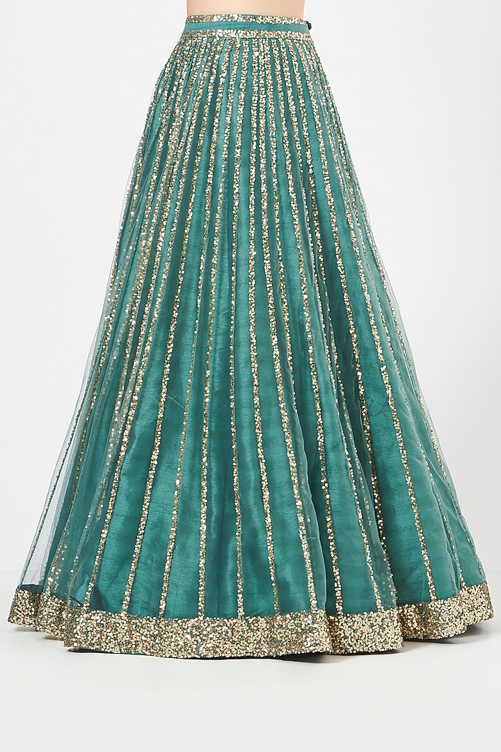 Green Net Lehenga Set With Crop Top by Vvani By Vani Vats at Pernia's Pop Up Shop