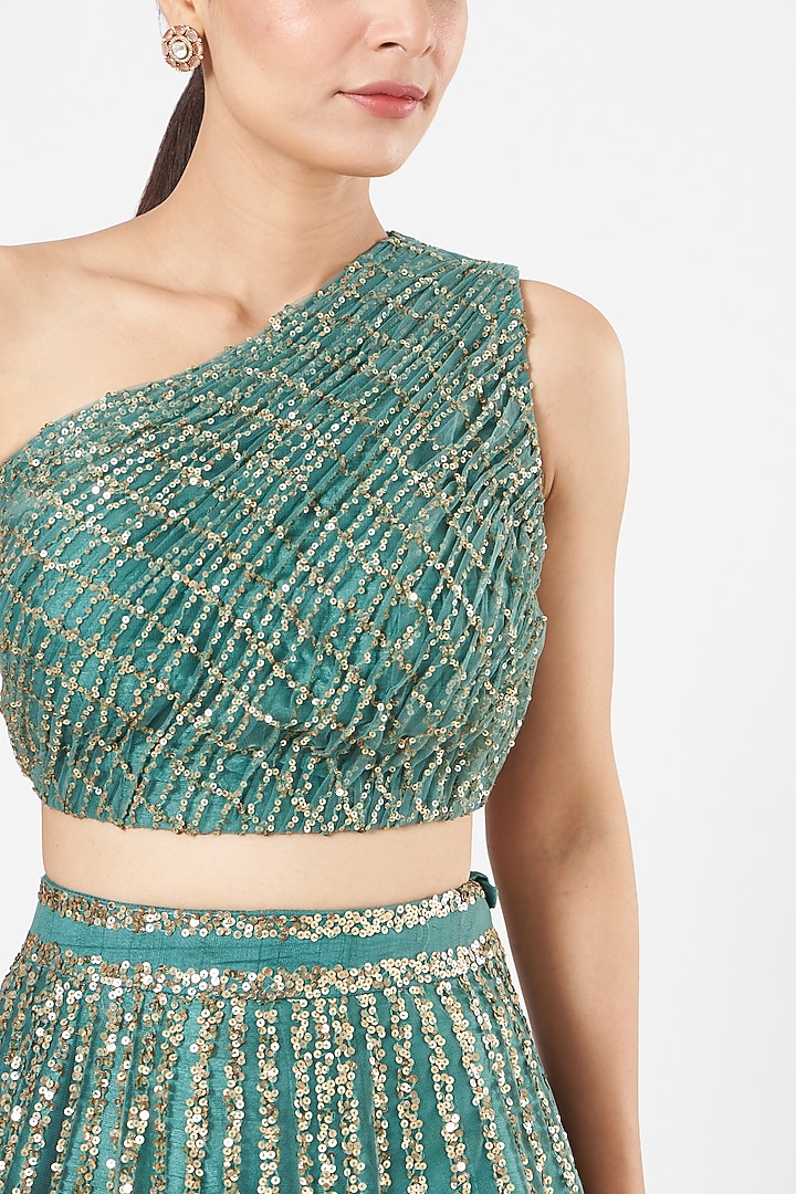 Green Net Lehenga Set With Crop Top by Vvani By Vani Vats at Pernia's Pop Up Shop