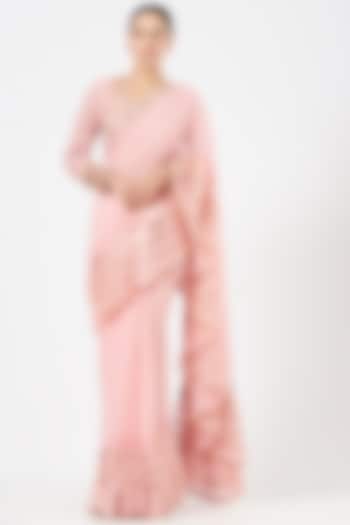 Peach Georgette Ruffled Wedding Saree Set by Vvani By Vani Vats at Pernia's Pop Up Shop