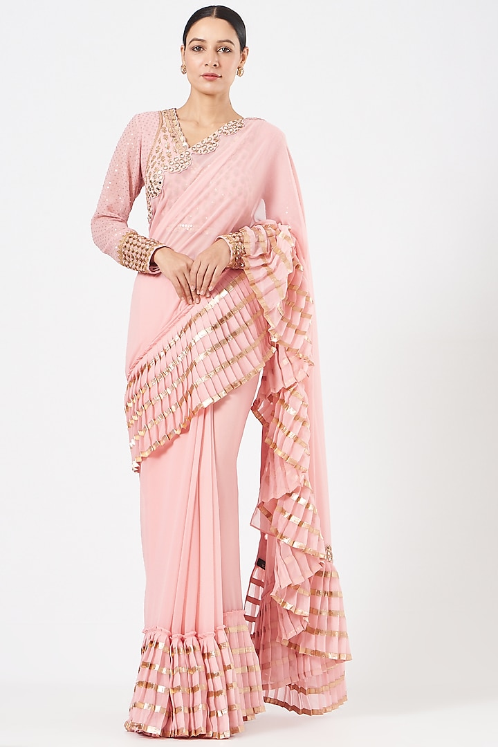 Peach Georgette Ruffled Wedding Saree Set by Vvani By Vani Vats at Pernia's Pop Up Shop