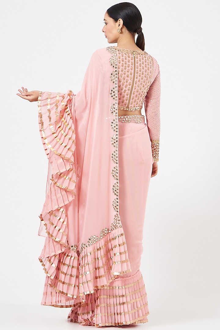 Peach Georgette Ruffled Wedding Saree Set by Vvani By Vani Vats at Pernia's Pop Up Shop