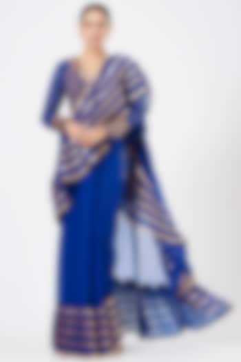 Royal Blue Ruffled Georgette Saree Set by Vvani By Vani Vats