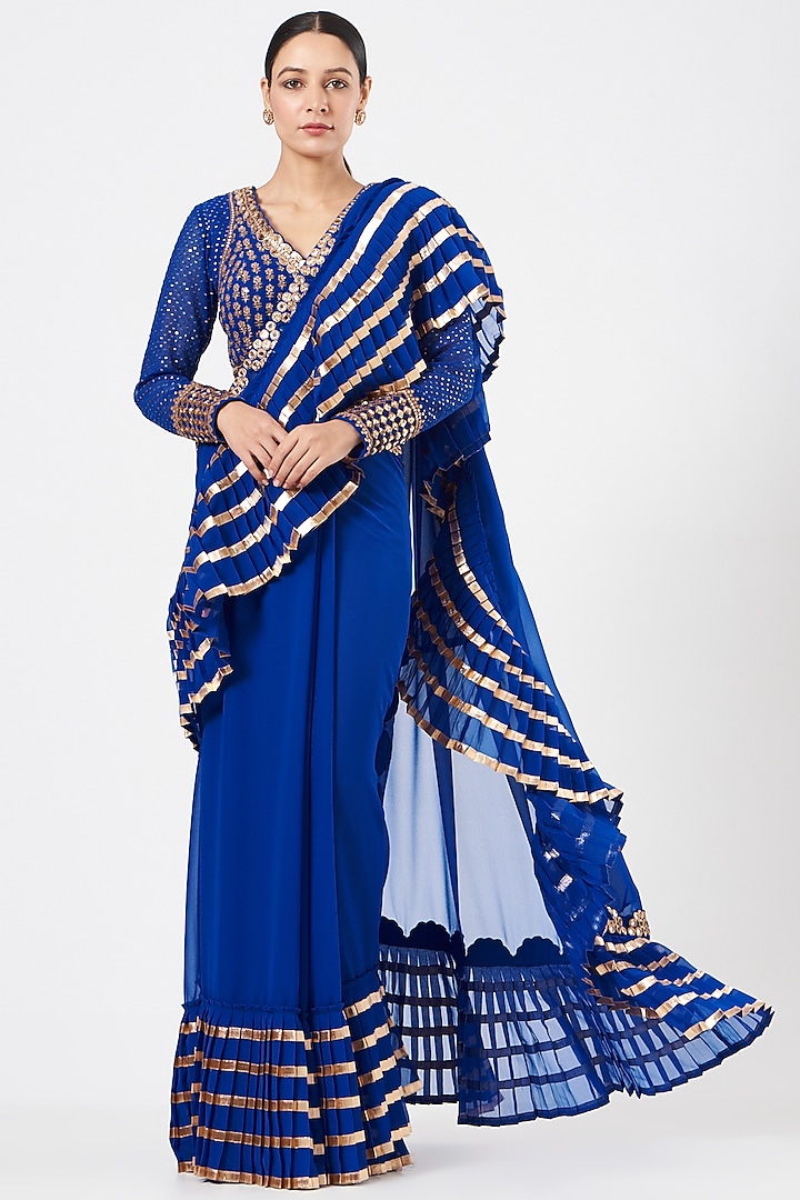 Royal Blue Ruffled Georgette Saree Set by Vvani By Vani Vats