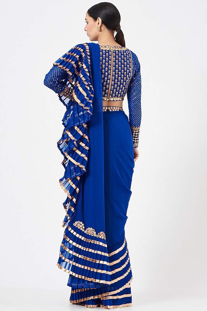 Royal Blue Ruffled Georgette Wedding Saree Set by Vvani By Vani Vats at Pernia's Pop Up Shop