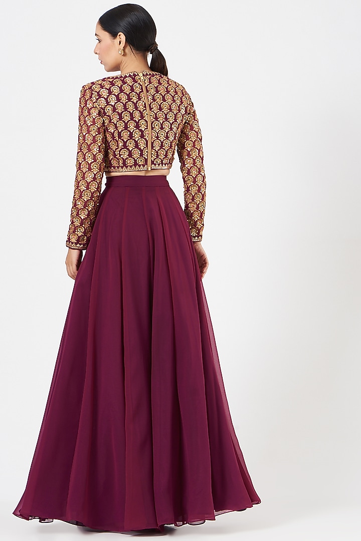 Wine Georgette Pant Wedding Lehenga Set by Vvani By Vani Vats at Pernia's Pop Up Shop