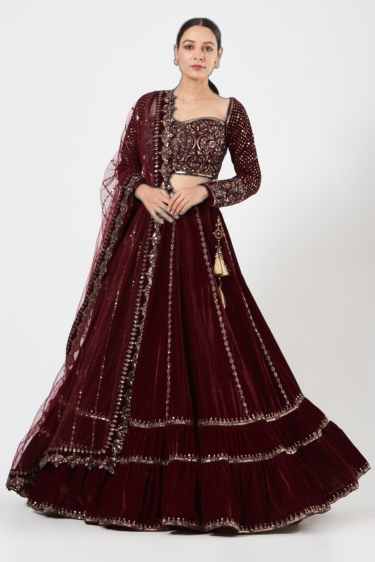 Maroon Double-Tiered Lehenga Set by Vvani By Vani Vats