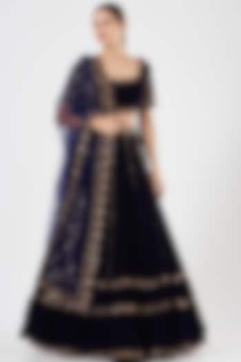 Navy Blue Velvet Tiered Wedding Lehenga Set by Vvani By Vani Vats at Pernia's Pop Up Shop