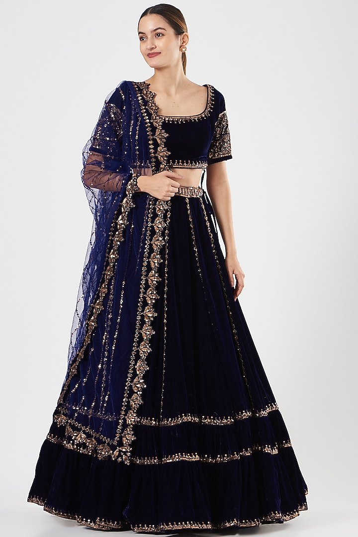 Navy Blue Velvet Tiered Wedding Lehenga Set by Vvani By Vani Vats at Pernia's Pop Up Shop