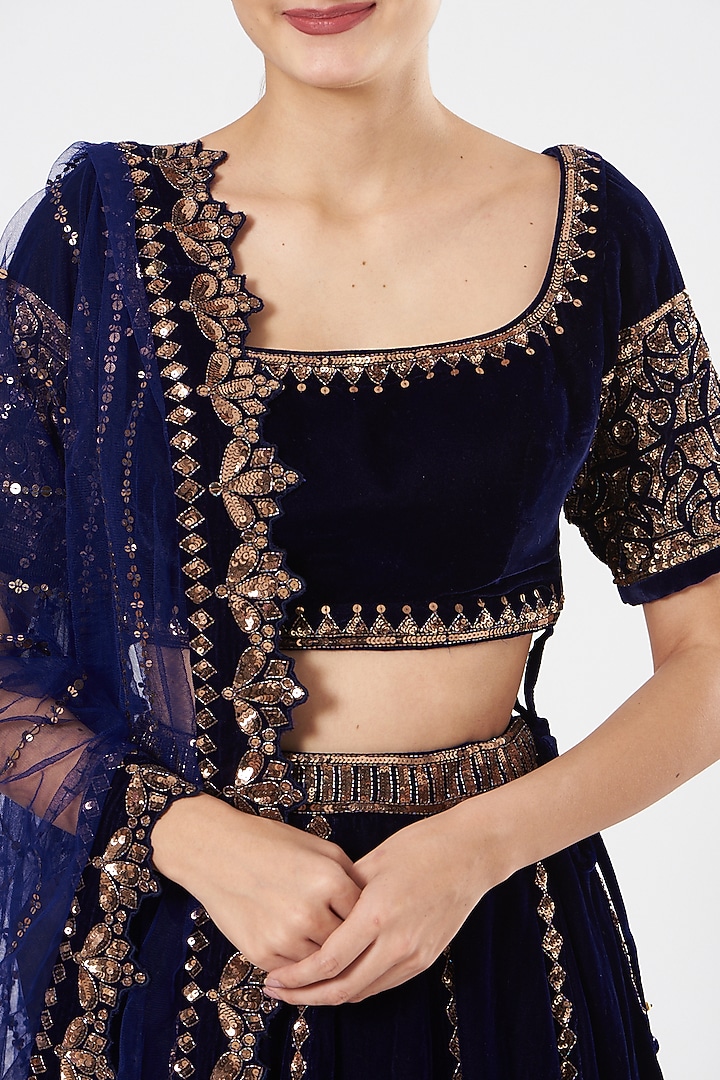 Navy Blue Velvet Tiered Wedding Lehenga Set by Vvani By Vani Vats at Pernia's Pop Up Shop