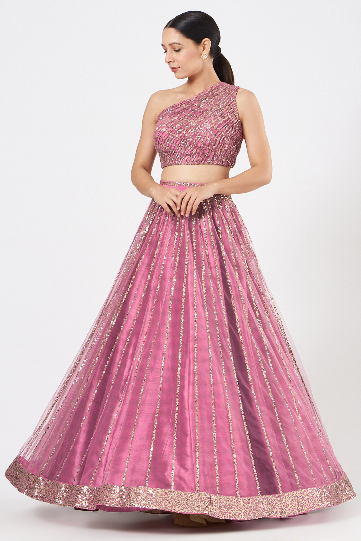 Pink Net Lehenga Set With Crop Top by Vvani By Vani Vats at Pernia's Pop Up Shop