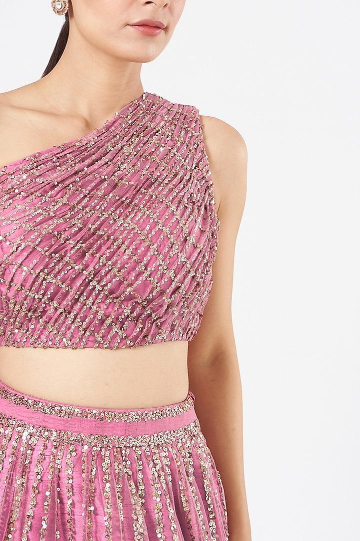Pink Net Lehenga Set With Crop Top by Vvani By Vani Vats at Pernia's Pop Up Shop