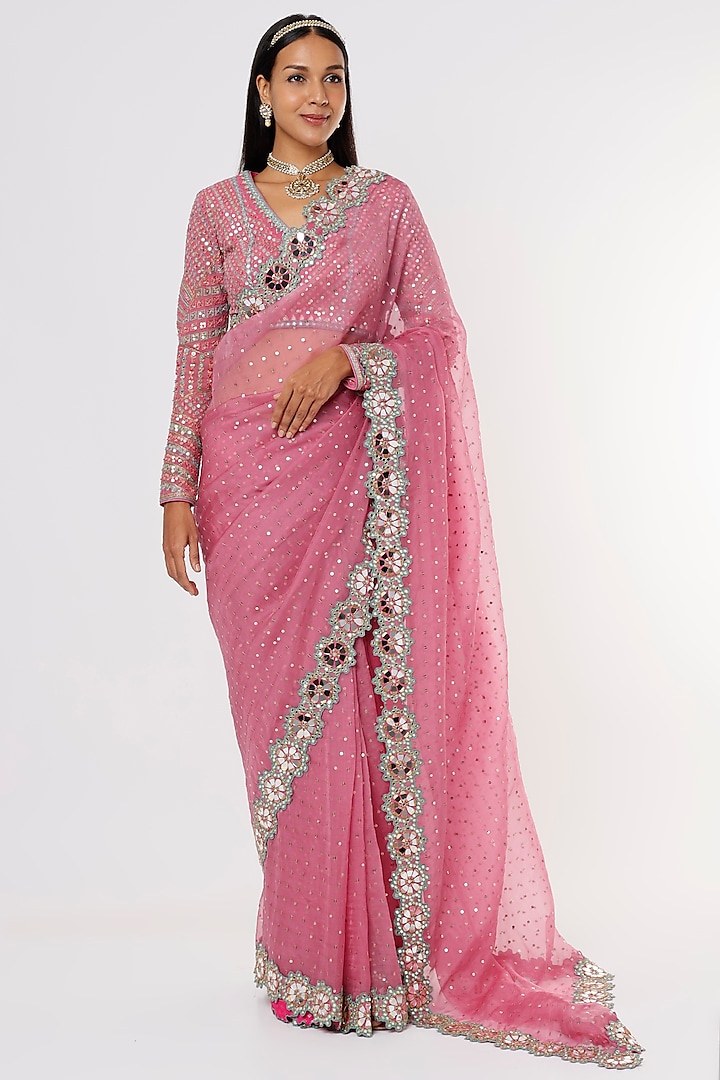Dark Blush Embroidered Saree Set by Vvani by Vani Vats