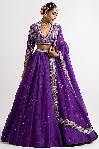 Purple Silk Organza Hand Embroidered Lehenga Set by Vvani By Vani Vats