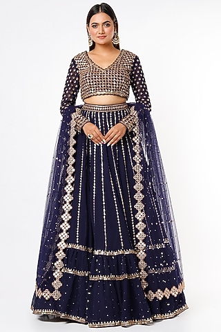 Navy Blue Georgette Tiered Lehenga Set by Vvani By Vani Vats