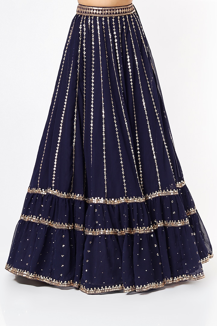 Navy Blue Georgette Tiered Wedding Lehenga Set by Vvani By Vani Vats at Pernia's Pop Up Shop