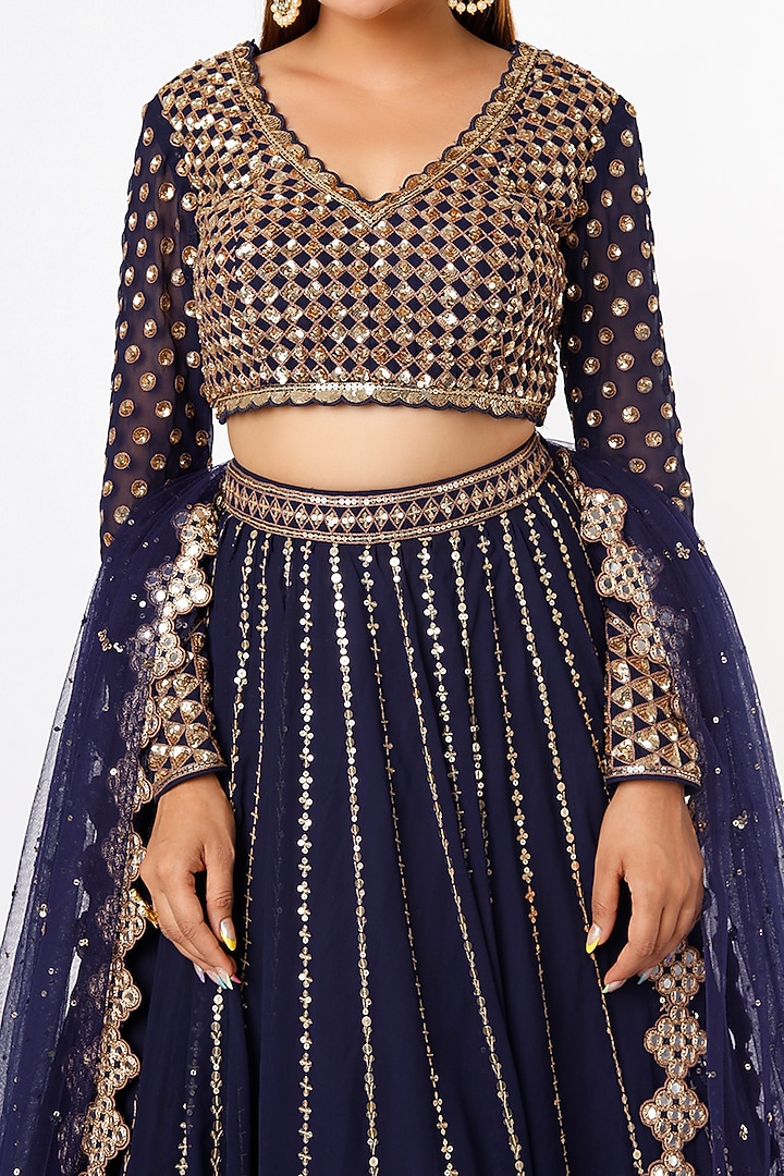 Navy Blue Georgette Tiered Wedding Lehenga Set by Vvani By Vani Vats at Pernia's Pop Up Shop