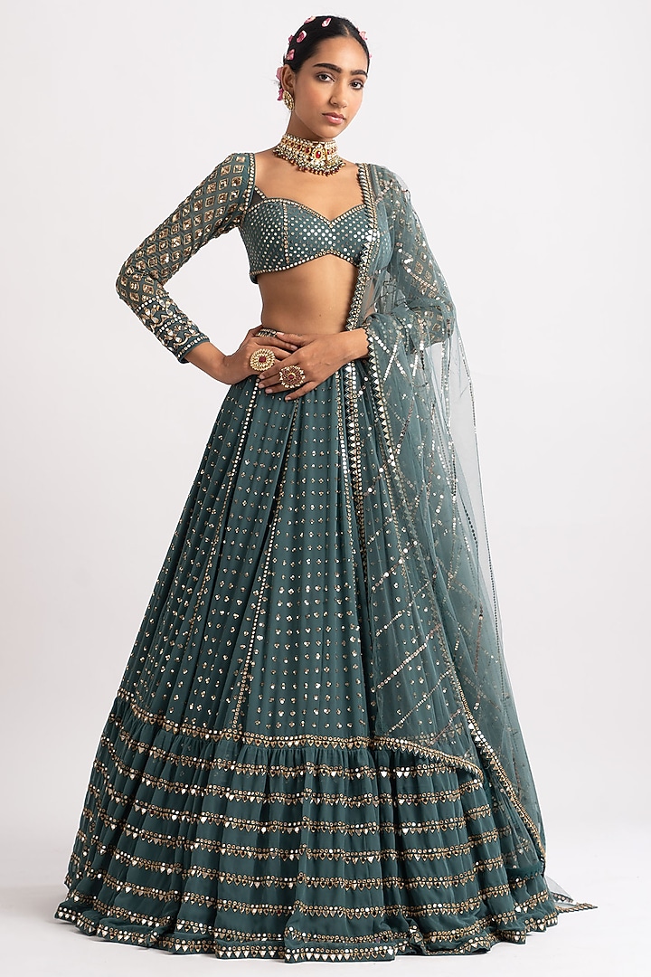 Mud Green Georgette Mirror Embroidered Wedding Lehenga Set by Vvani By Vani Vats at Pernia's Pop Up Shop