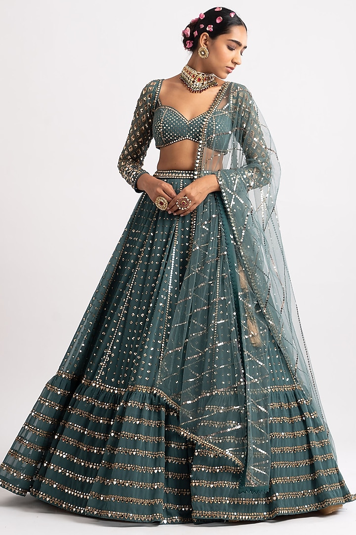Mud Green Georgette Mirror Embroidered Wedding Lehenga Set by Vvani By Vani Vats at Pernia's Pop Up Shop