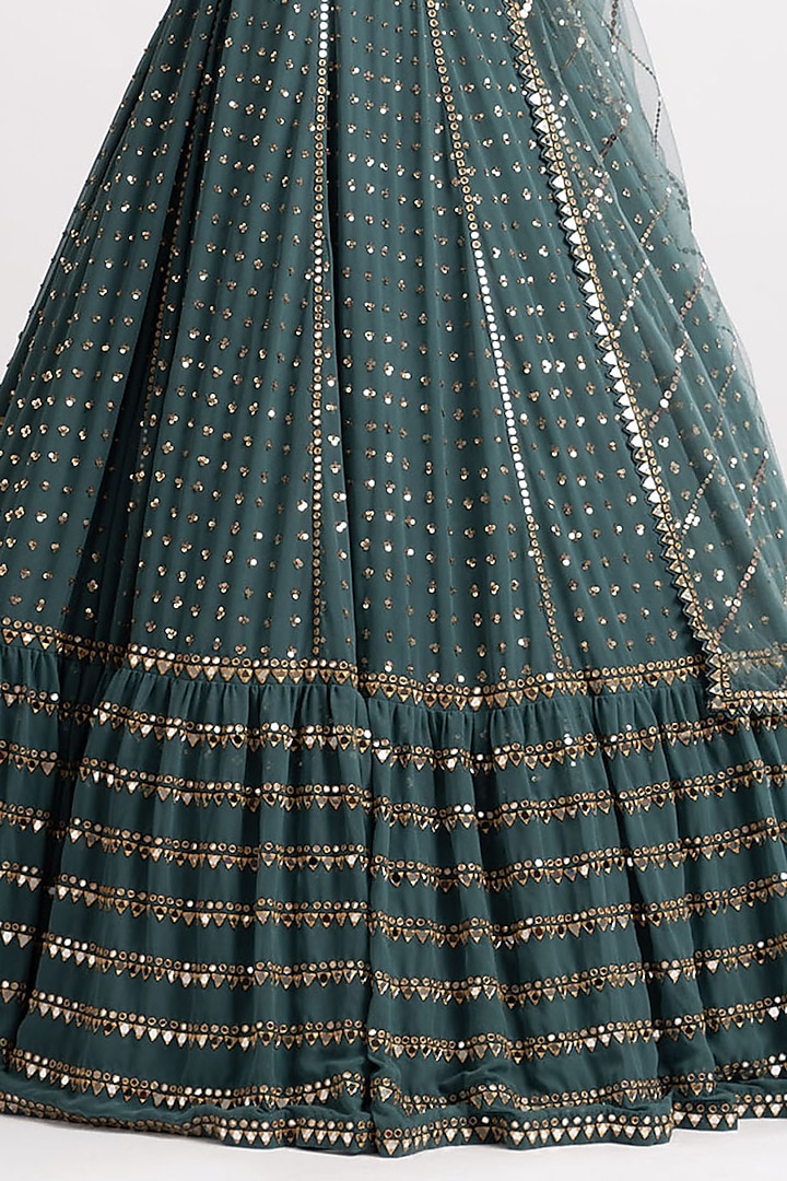 Mud Green Georgette Mirror Embroidered Wedding Lehenga Set by Vvani By Vani Vats at Pernia's Pop Up Shop