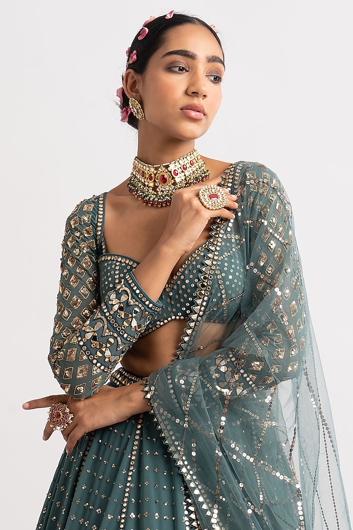 Mud Green Georgette Mirror Embroidered Wedding Lehenga Set by Vvani By Vani Vats at Pernia's Pop Up Shop