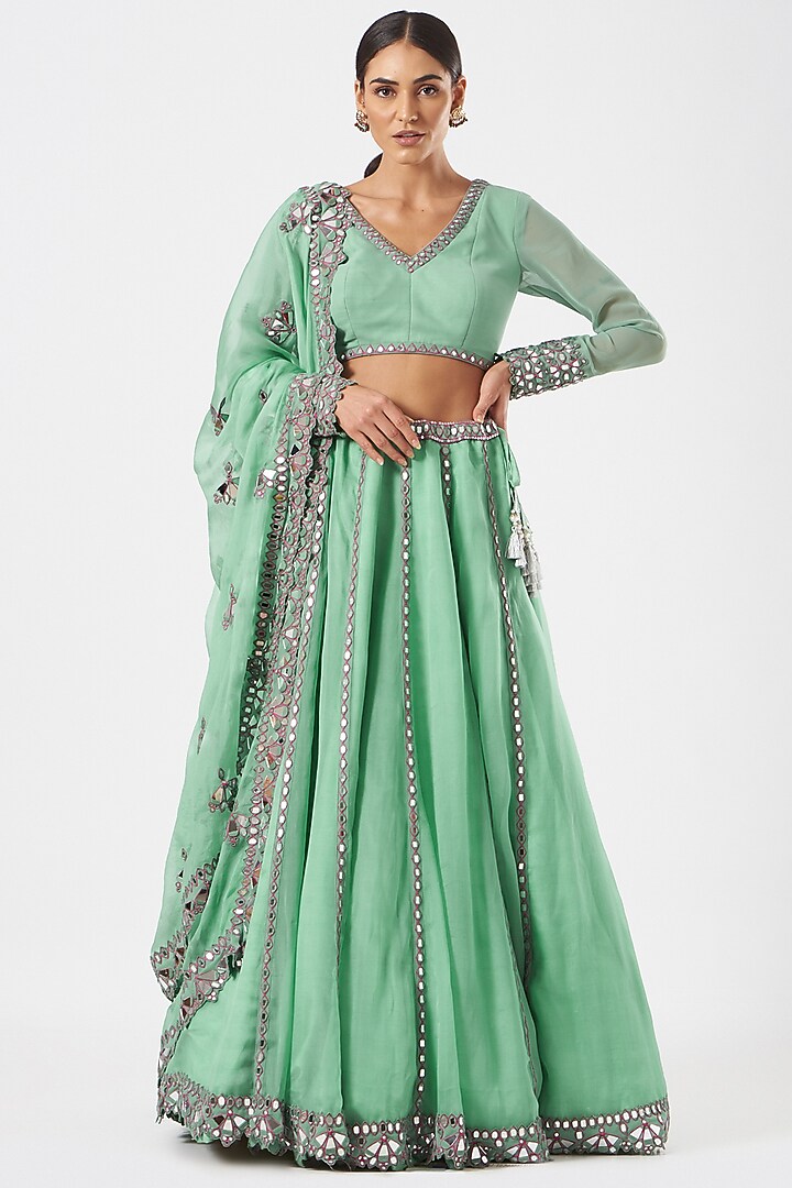 Cyan Organza Mirror Embroidered Wedding Lehenga Set by Vvani By Vani Vats at Pernia's Pop Up Shop