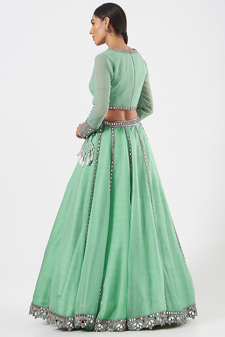Cyan Organza Mirror Embroidered Wedding Lehenga Set by Vvani By Vani Vats at Pernia's Pop Up Shop