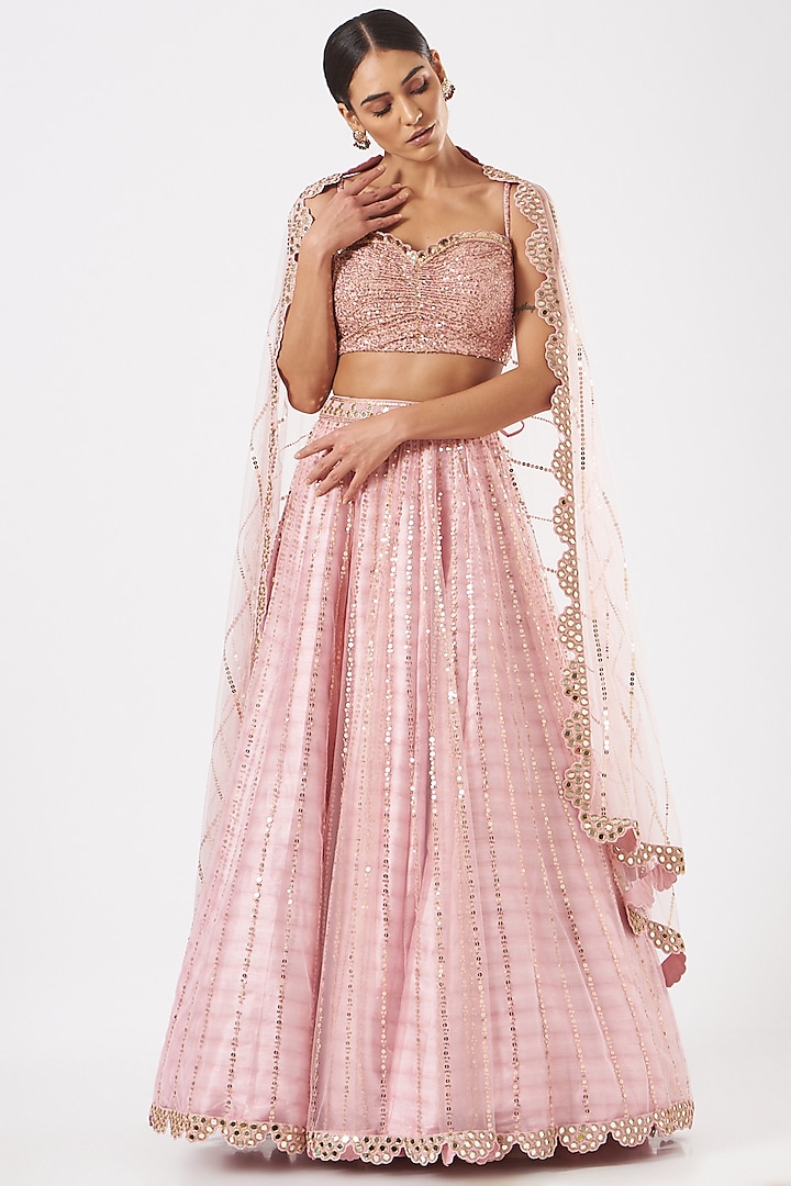 Powder Pink Net Wedding Lehenga Set by Vvani By Vani Vats at Pernia's Pop Up Shop