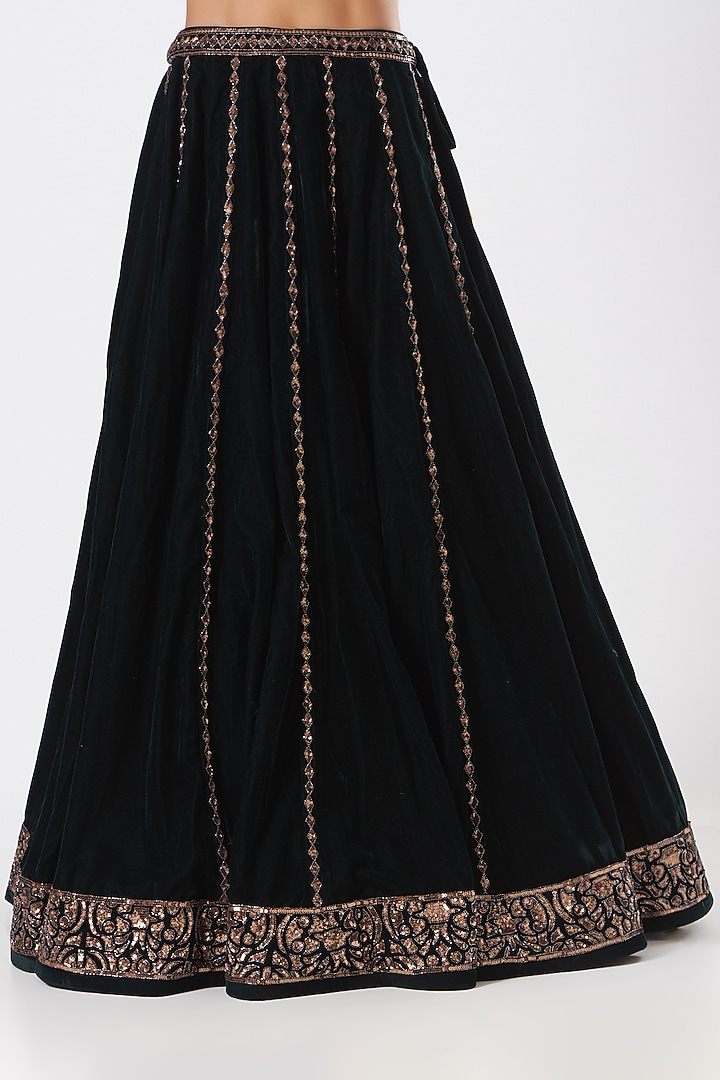Dark Green Velvet Embroidered Wedding Lehenga Set by Vvani by Vani Vats at Pernia's Pop Up Shop