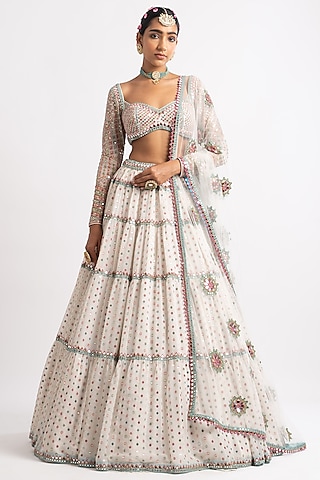 White Georgette Hand Embroidered Lehenga Set by Vvani By Vani Vats