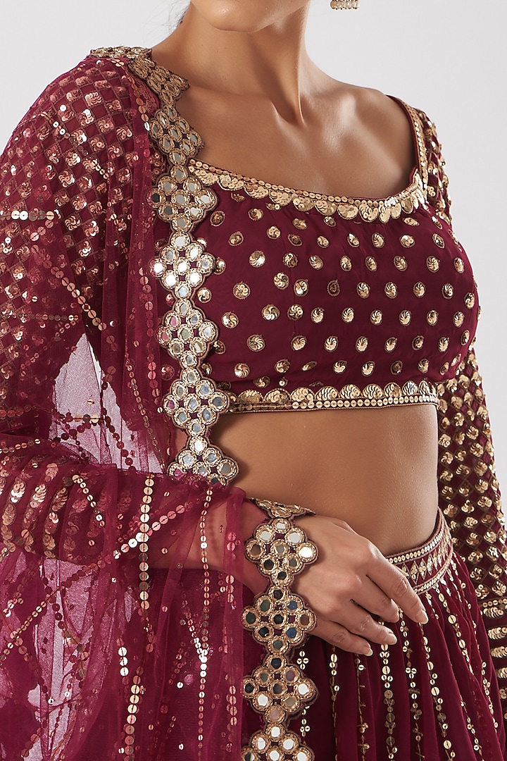 Wine Linear Drop Embroidered Wedding Lehenga Set by Vvani by Vani Vats at Pernia's Pop Up Shop