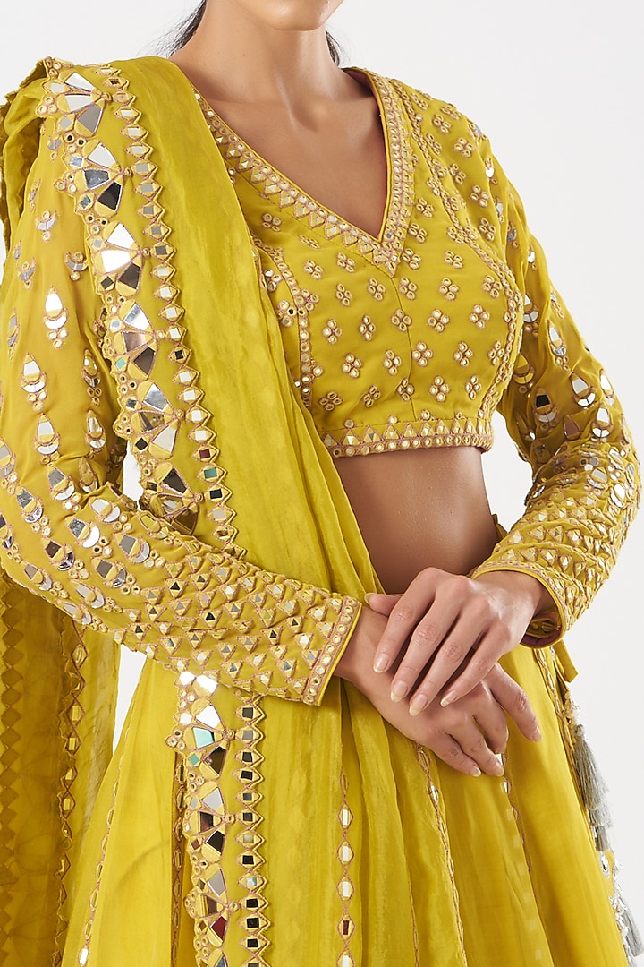 Mustard Organza Embroidered Wedding Lehenga Set by Vvani by Vani Vats at Pernia's Pop Up Shop