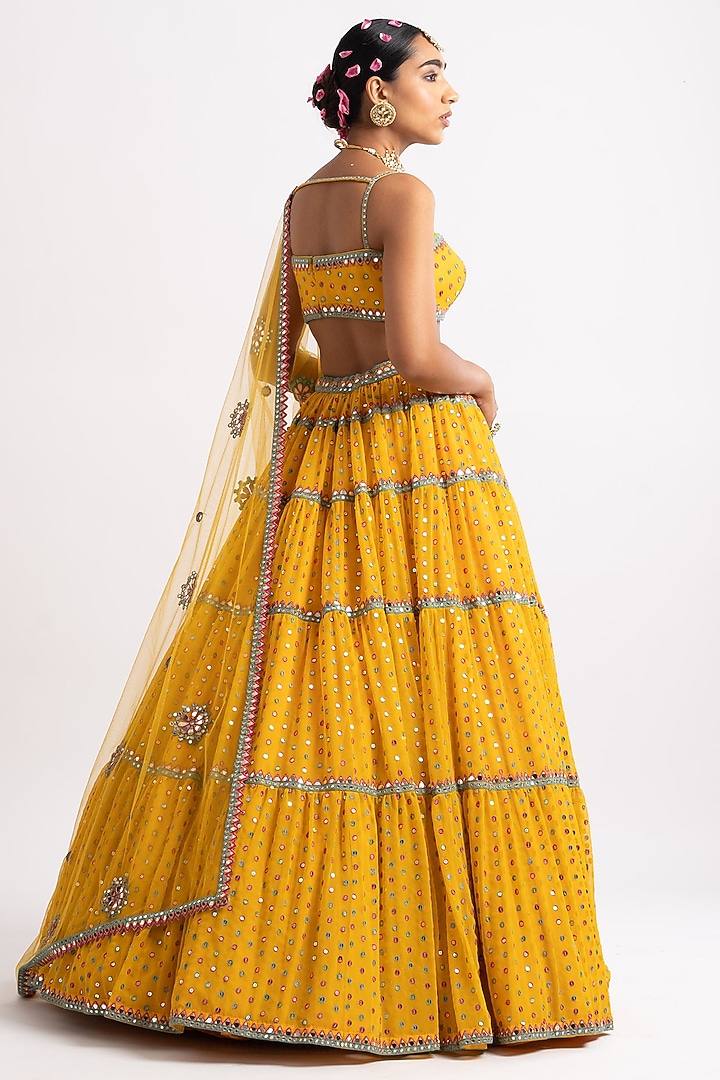 Yellow Georgette Hand Embroidered Wedding Lehenga Set by Vvani By Vani Vats at Pernia's Pop Up Shop