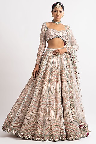 White Georgette Thread Hand Embroidered Lehenga Set by Vvani By Vani Vats