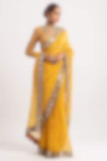 Yellow Hand Embroidered Saree Set by Vvani By Vani Vats