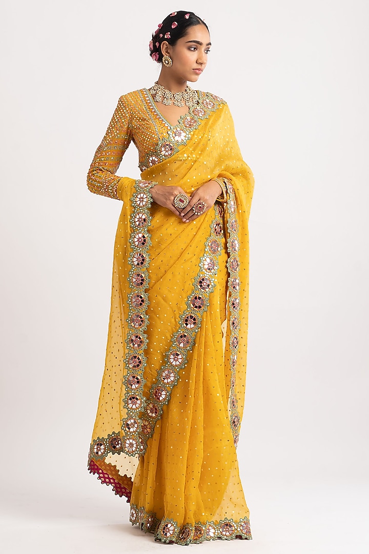 Yellow Hand Embroidered Saree Set by Vvani By Vani Vats