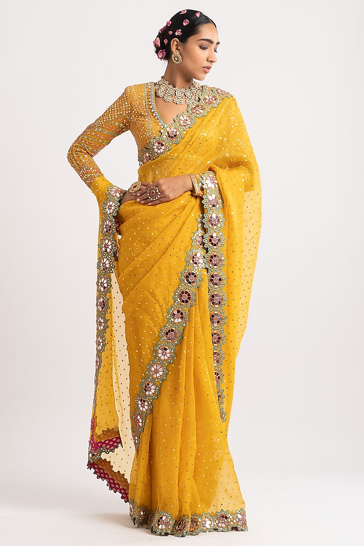 Yellow Hand Embroidered Wedding Saree Set by Vvani By Vani Vats at Pernia's Pop Up Shop