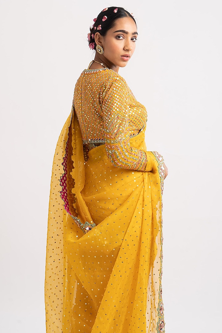 Yellow Hand Embroidered Wedding Saree Set by Vvani By Vani Vats at Pernia's Pop Up Shop